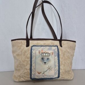 Brighton Sheba Princess Cat Vintage Tapestry Tote Bag w/ Leather Accent